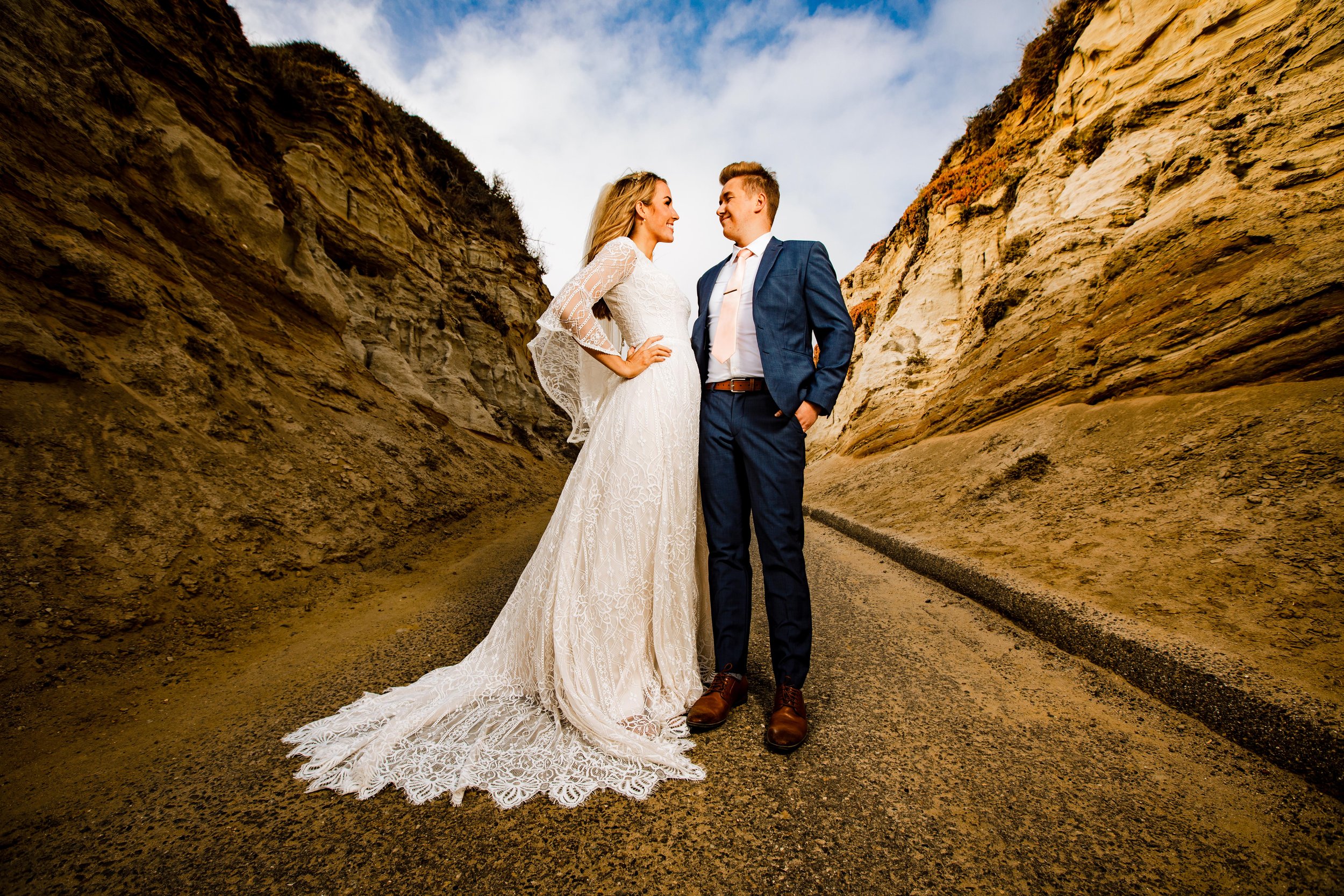 Cinematic Bride and Groom Portrait at San Clemente State Beach on their wedding day.