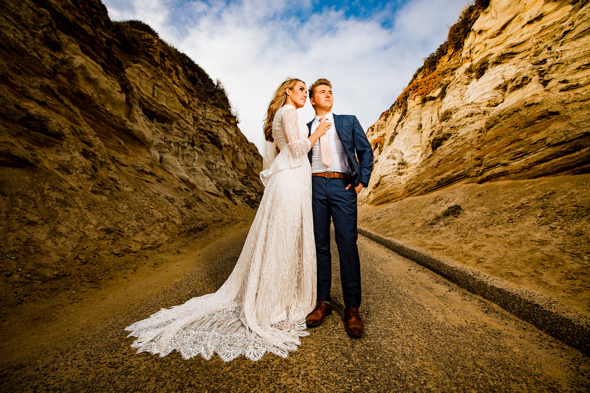 Cinematic Wedding Photography - Bride and Groom Portrait at San Clemente Shore by Wedgewood Weddings