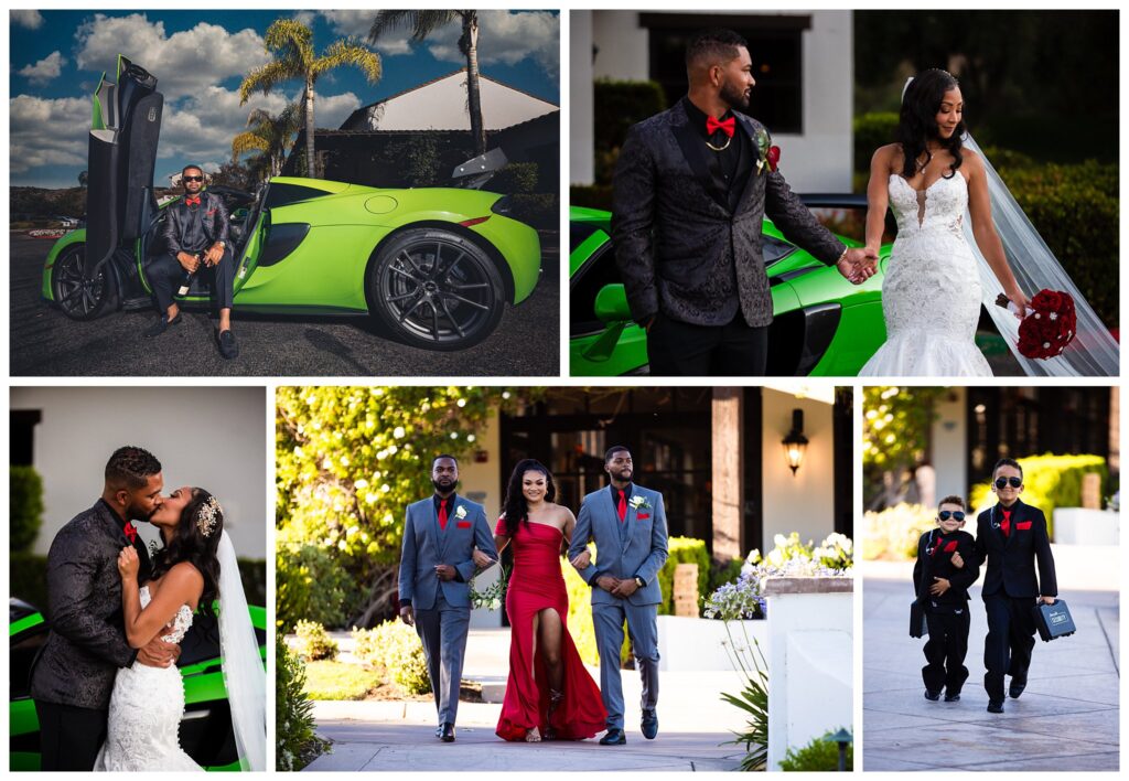 Stylish wedding photos with trendy pops of bright color and a sports car.