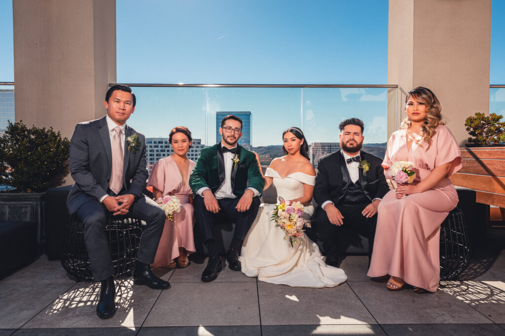 A wedding party on the rooftop of the Marriott Irvine Spectrum in Orange County.