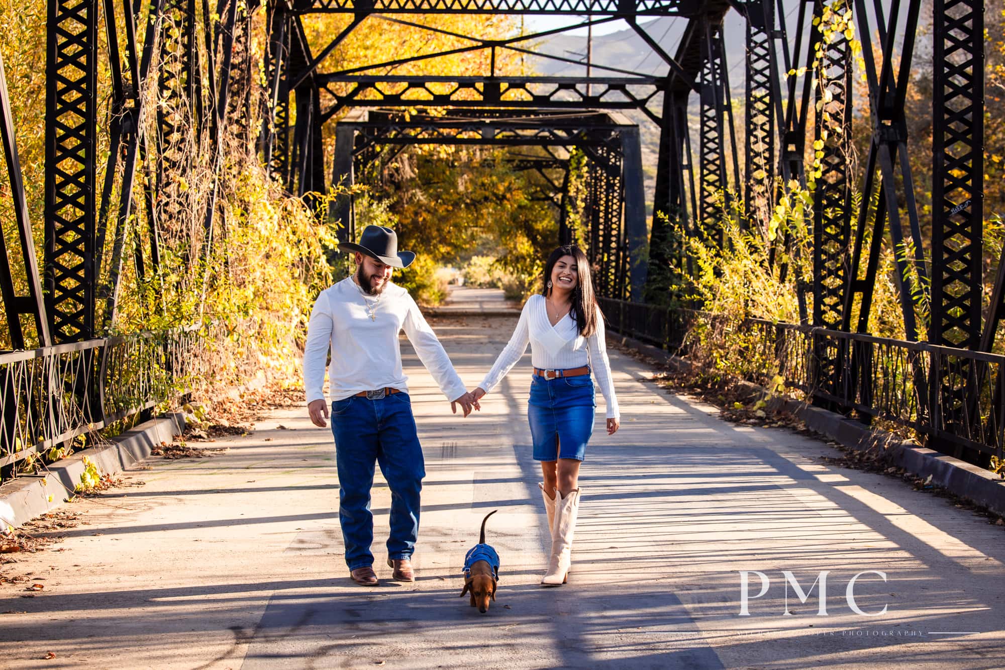 A couple smiles and hold hands alongside their dog in their fall engagement photos.