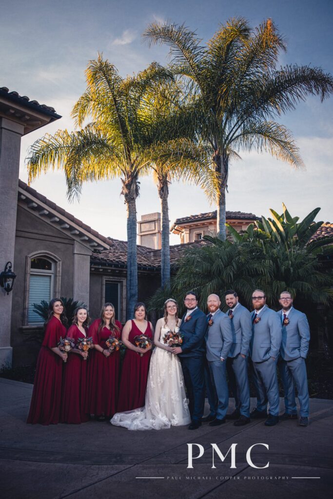 The wedding party for this wedding at a private Escondido estate show off their fall-colored attire.