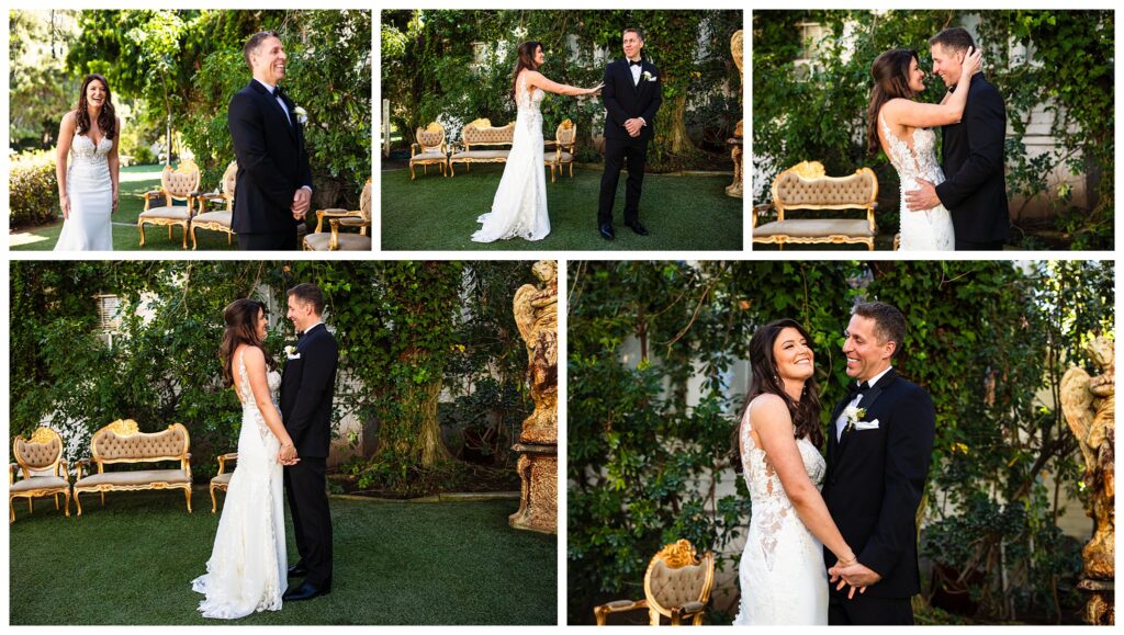 A series of five photos of a bride and groom's joyful First Look on their spring wedding day at Green Gables Estate in San Diego.