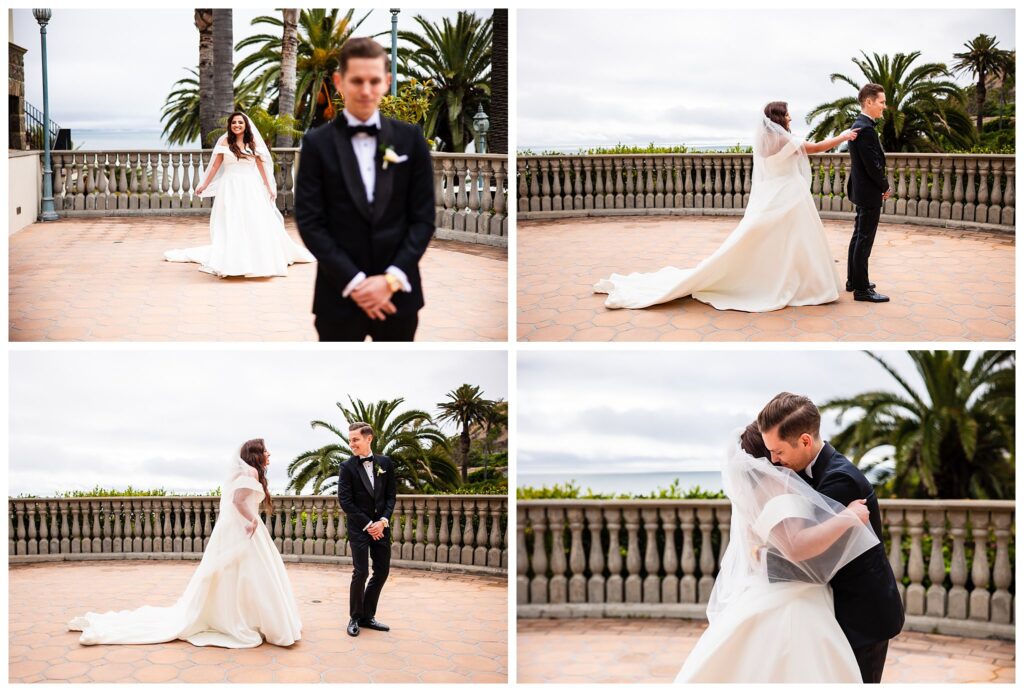 A series of four photos show a bride and groom's wedding first look on an outdoor terrace at the Bel Air Bay Club in Los Angeles.