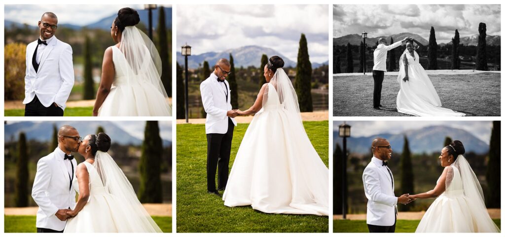 A series of five photos shows a bride and groom's first look on their wedding day at Callaway Winery in Temecula.