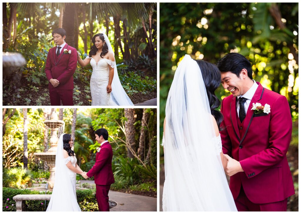 Three photos of a bride and groom having an emotional wedding day first look at Grand Tradition Estate & Gardens in Fallbrook.