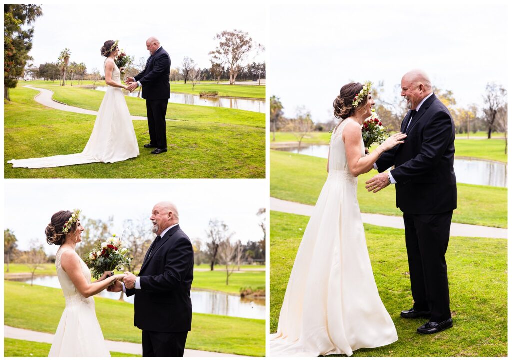 Three images show a wedding day First Look between a bride and her father.