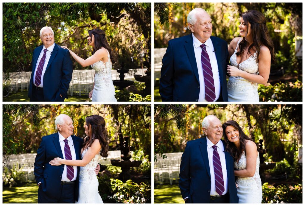 A bride and her father share a wedding day First Look at her spring wedding at Green Gables Estate in San Diego.