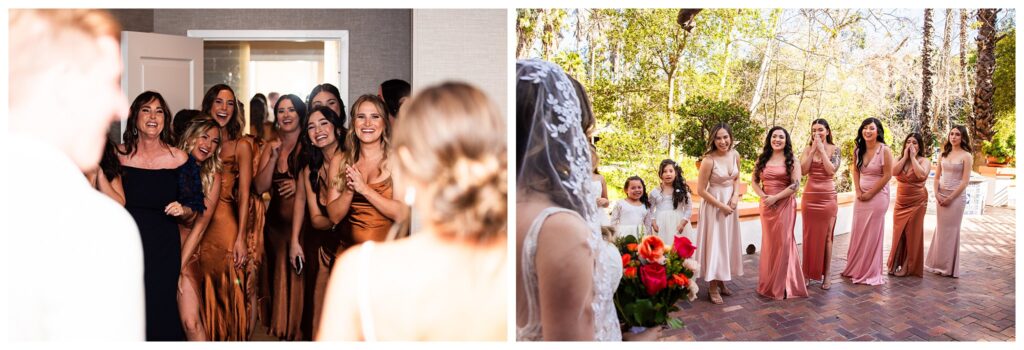 Two photos, both over the shoulder of a bride having a first look with her bridesmaids.