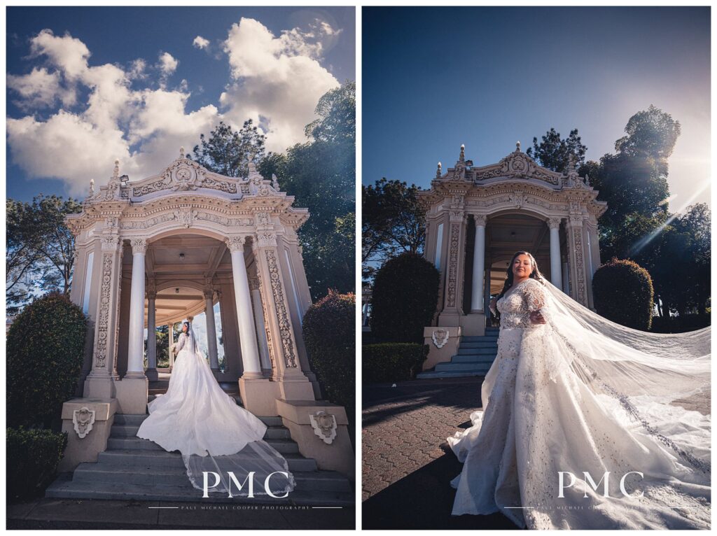 A bride at Balboa Park in San Diego.