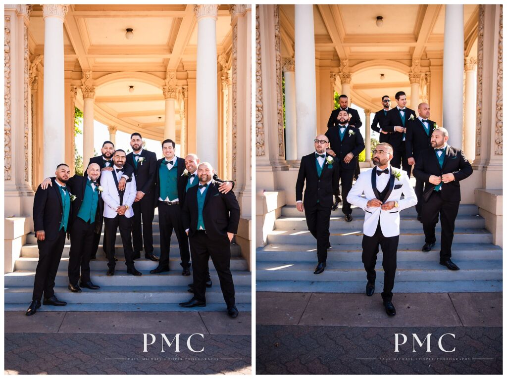 A groom and his groomsmen at Balboa Park in San Diego.