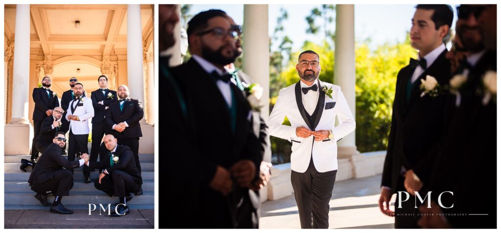 A groom and his groomsmen at Balboa Park in San Diego.