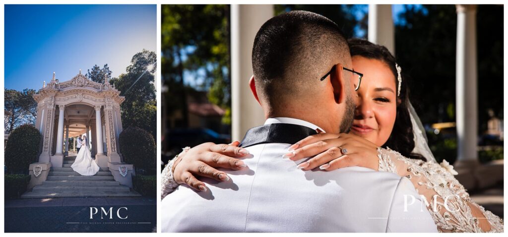 A bride and groom take romantic wedding photos at Balboa Park in San Diego.