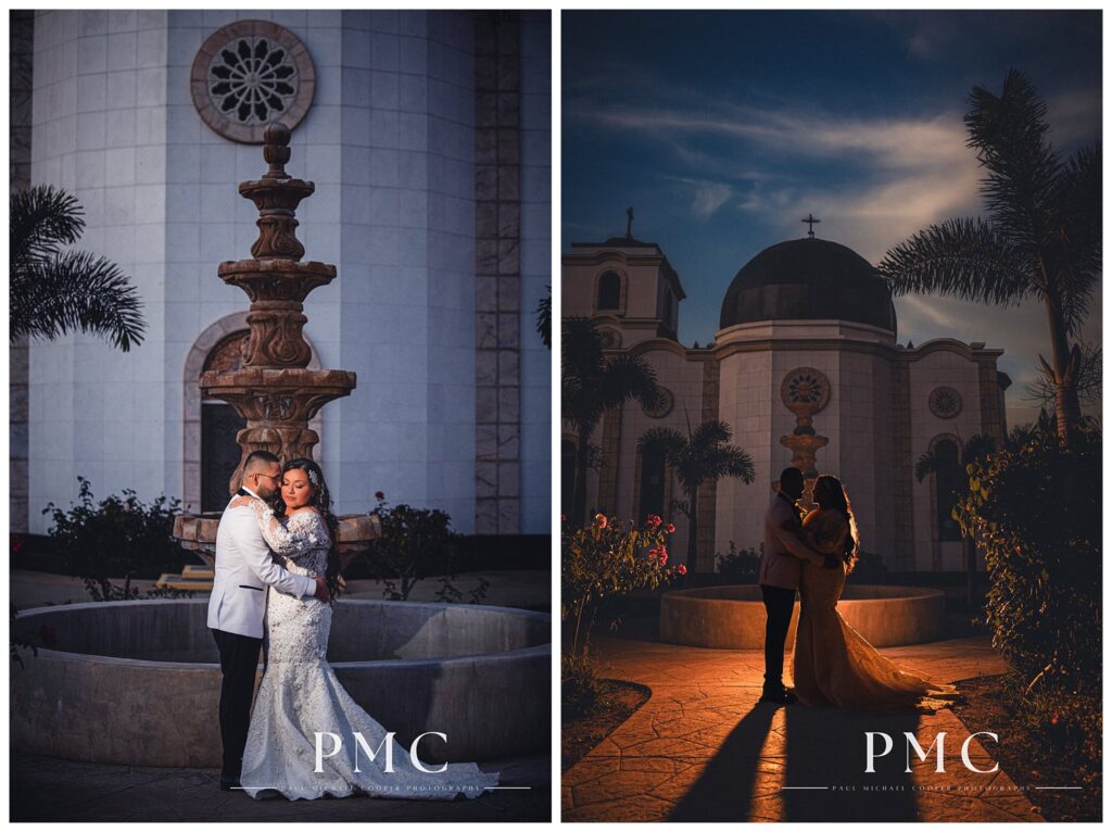 A bride and groom share a kiss in front of a church fountain on their San Diego wedding day.