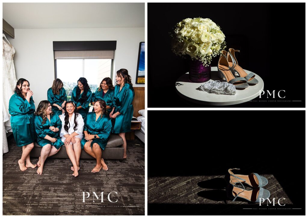 A collage of three images from a bride's getting ready on her wedding day: a photo of the bride and her bridesmaids in matching custom robes laughing and smiling, two photos of the brides wedding details including her wedding heels, garter, and bouquet.