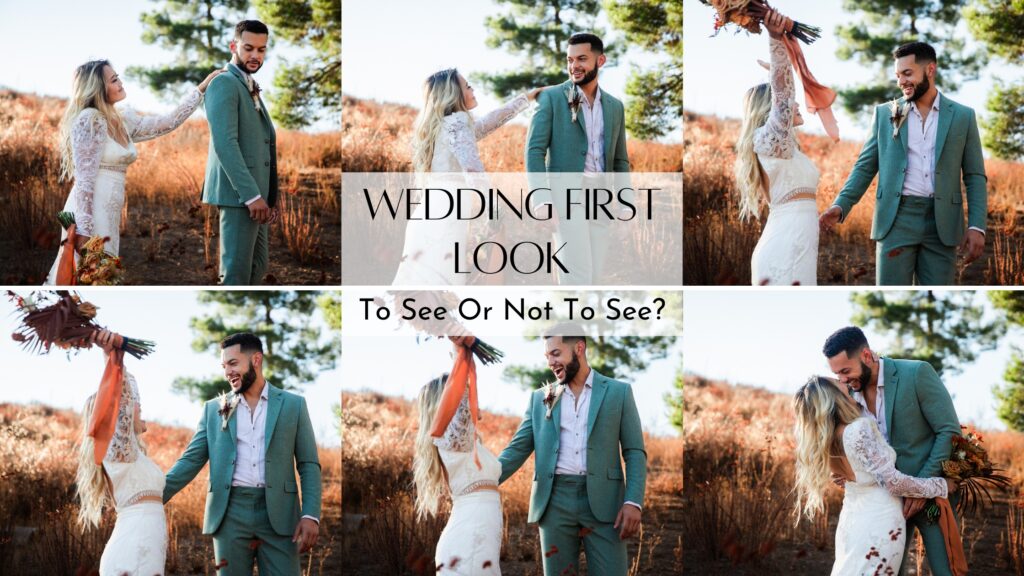 A series of six photos showing a boho bride tapping her groom on the shoulder and his joyous reaction at seeing her in her dress. There is an overlaying title that reads, "Wedding First Look - To See or Not To See?"