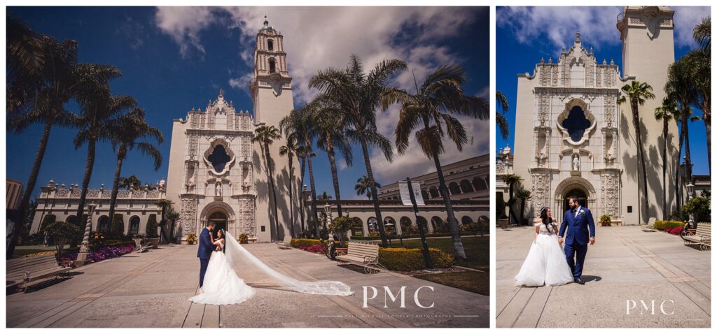 Romantic bride and groom wedding portraits at the Immaculata Church at the University of San Diego.