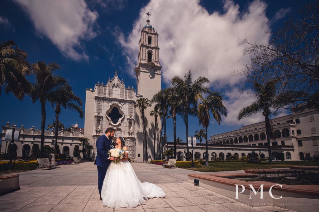 Romantic bride and groom wedding portraits at the Immaculata Church at the University of San Diego.