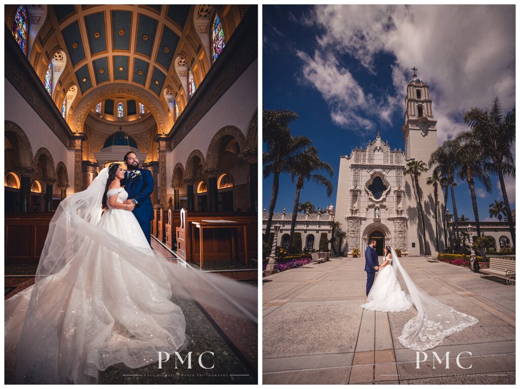 Romantic bride and groom portraits at the Immaculata Church at the University of San Diego.