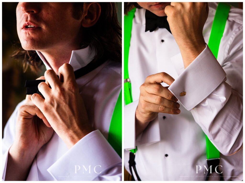 Closeup photos of a groom with bright green suspenders adjusting his bow tie and custom cufflinks as he gets ready.