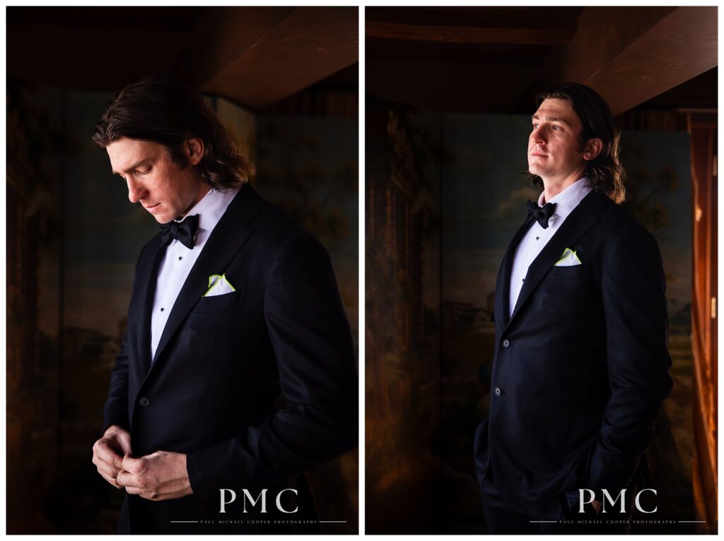 Portraits of a groom in his full black suit with a black bow tie and a white pocket square.