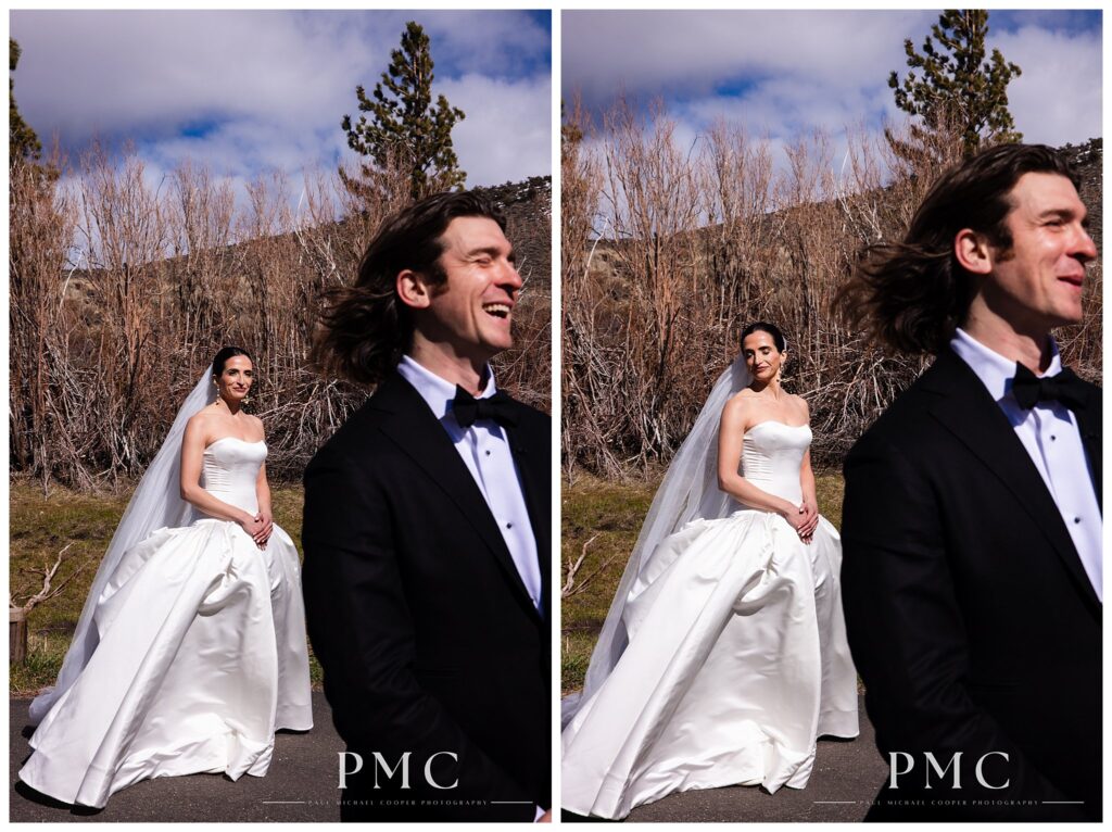 Photos of a bride approaching behind her groom for their First Look surrounded by mountains at Convict Lake in Mammoth Lakes.