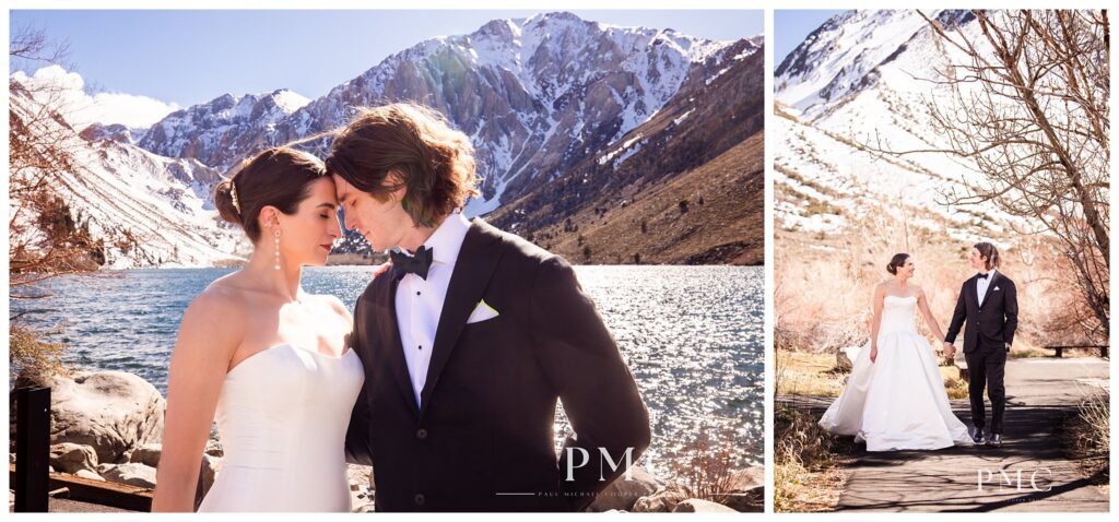 Bride and Groom portraits by Lake Convict in Mammoth Lakes before their mountain wedding.