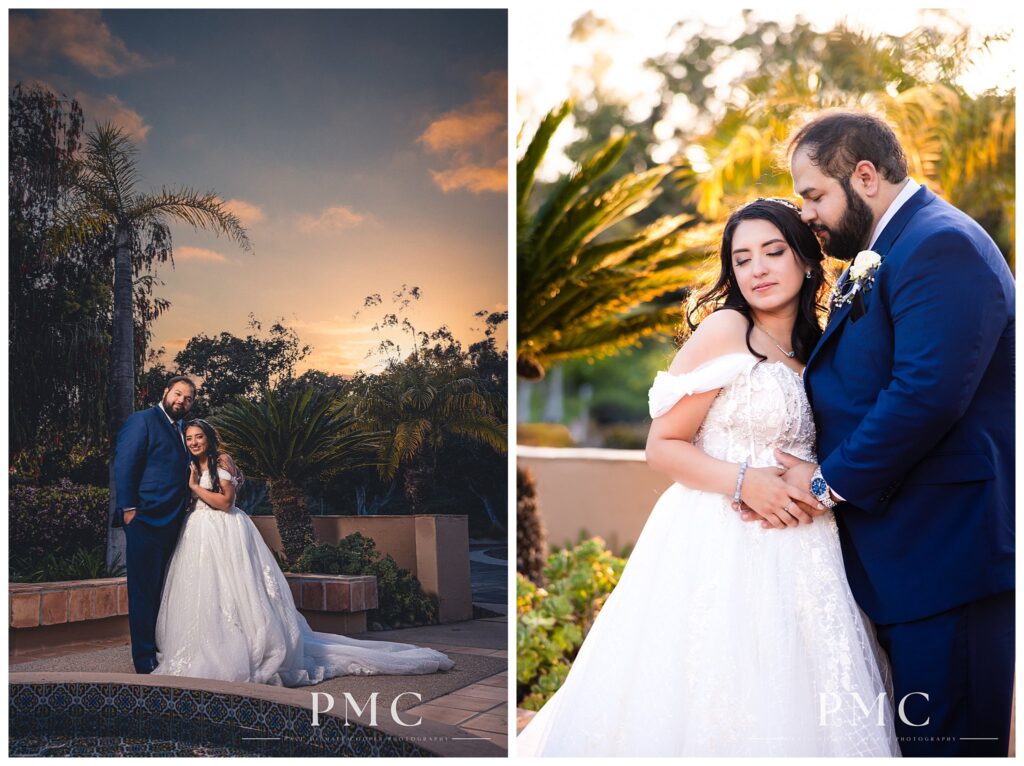 A bride and groom share an embrace at sunset at the front fountain of The Heights Golf Course.