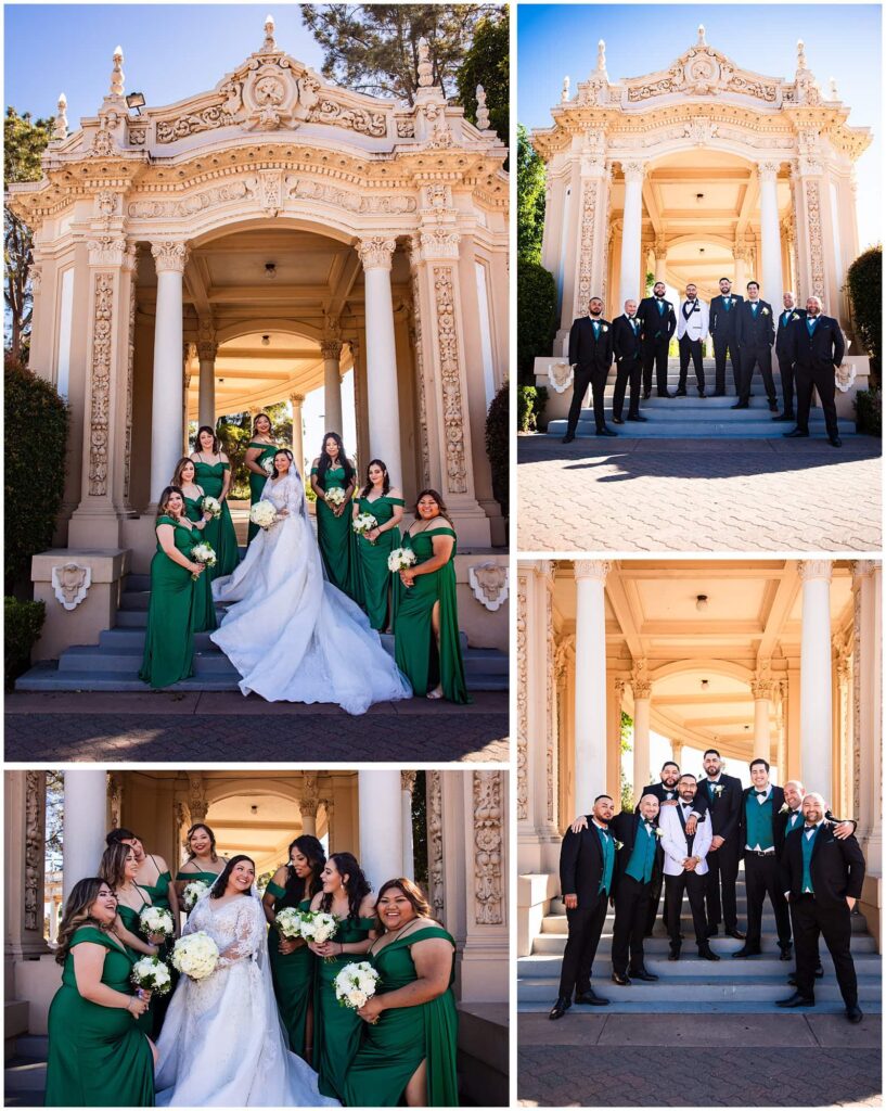 A collage of photos of individual sides of a wedding party that were taken at simultaneously by a team of two photographers.