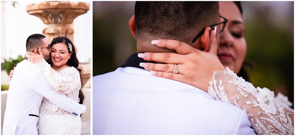 A collage of two wedding photos taken at the same time by a two-photographer team.