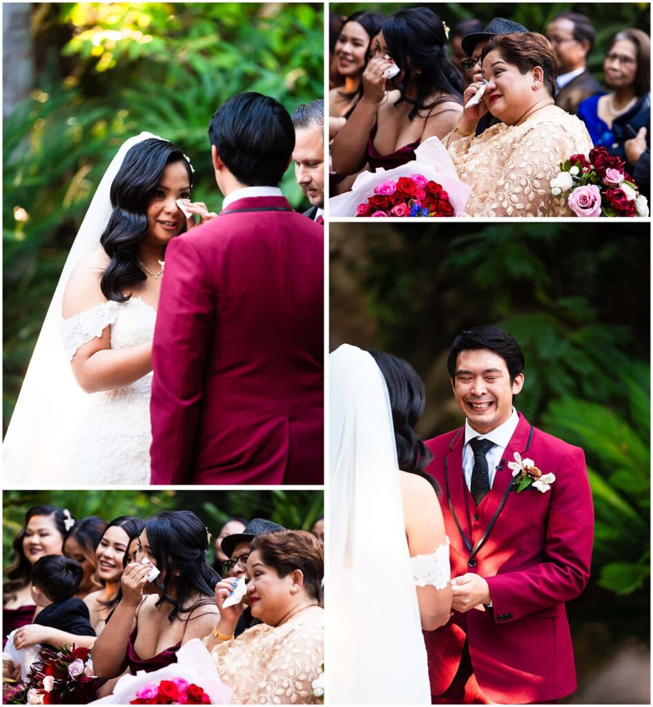 A collage of photos of emotional reactions during a wedding ceremony captured by a team of two wedding photographers.