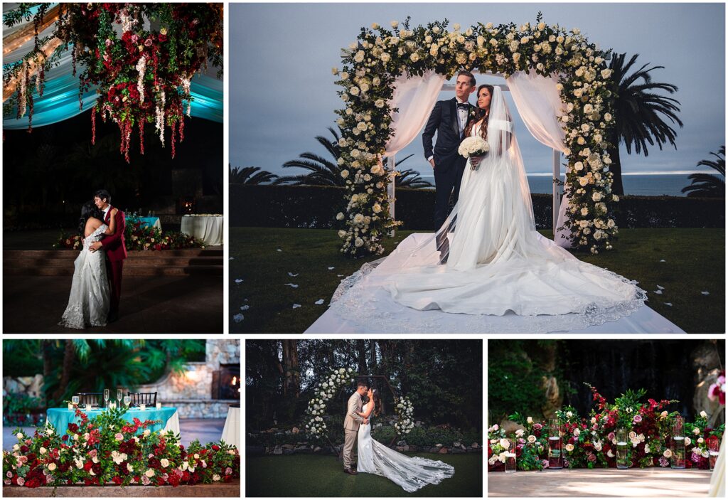 A collage of wedding photos displaying florals arranged in complex and impressive standout arrangements.