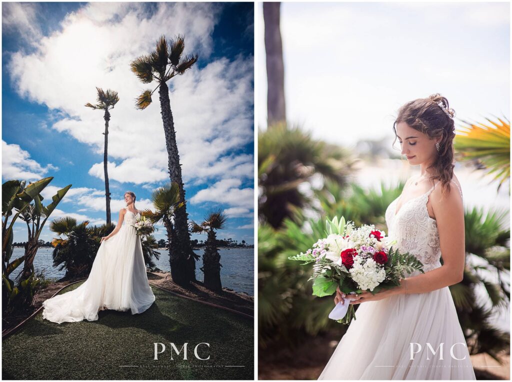 Stunning portraits of a bride with Mission Bay behind her at Paradise Point Resort, a waterfront wedding venue.