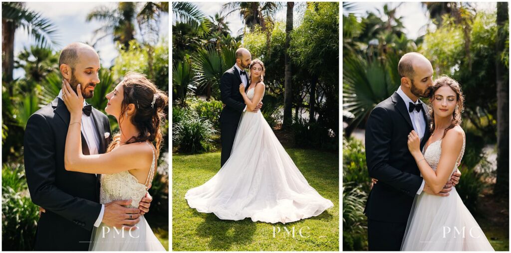 Three portraits of a bride and groom embracing in a sunlit garden at Paradise Point Resort & Spa in Mission Bay.