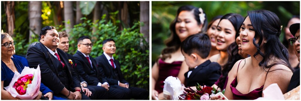 Wedding party members watch the ceremony from their seats rather than standing by the couple.