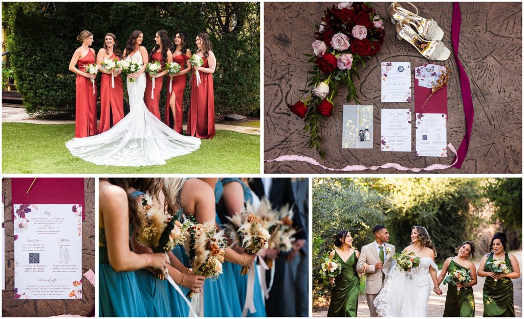 A collage of brightly colored clothing and invitations from weddings.