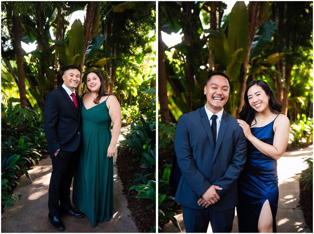 Guests at a fall wedding wearing colorful cocktail attire, with pops of color, elegant cocktail dresses, and men in suits and ties.