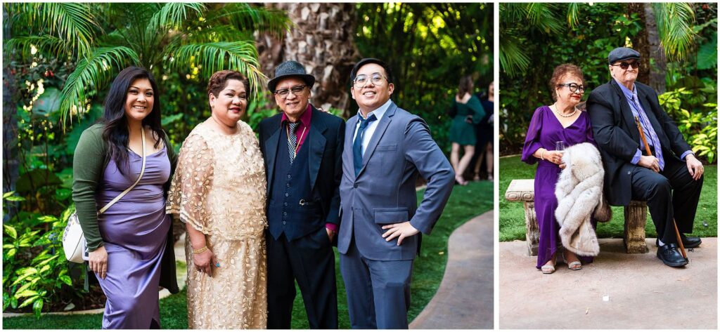 Guests at a fall wedding wearing colorful formal wear with stylish accessories, like hats, sweaters, coats, and fine jewelry.