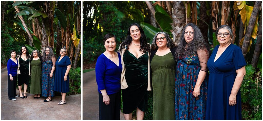 Guests at a fall wedding wearing cocktail attire with pops of color.