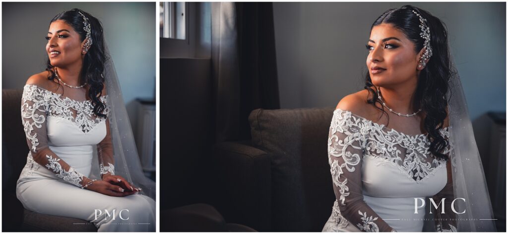 Bridal portraits featuring an elegant dress from Bridal & Veil.