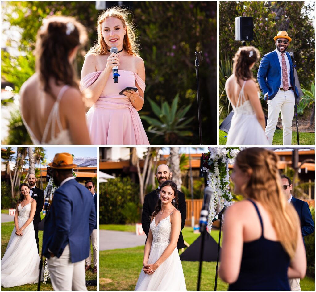 Special guests give speeches during a wedding ceremony.