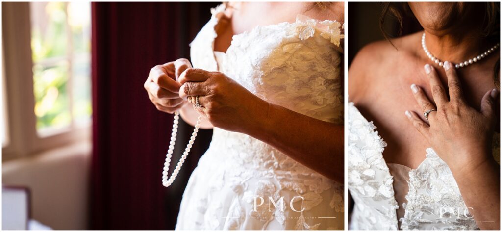 A bride puts on her jewelry inside the main terracotta building at Rancho Minerva Wedding Venue.