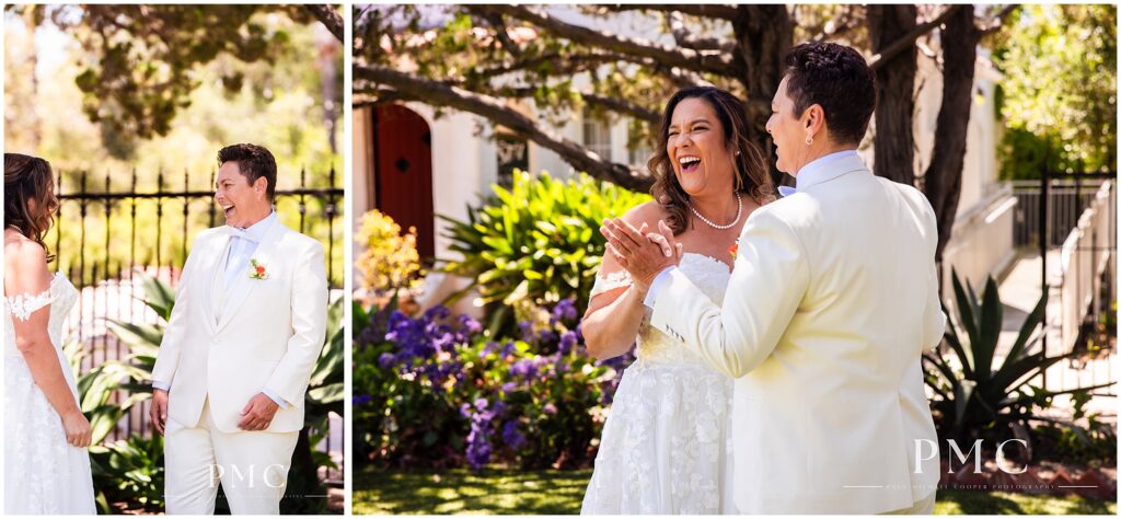 Two brides share a First Look moment on the front lawn of the terracotta, historical Rancho Minerva Wedding Venue in Vista.