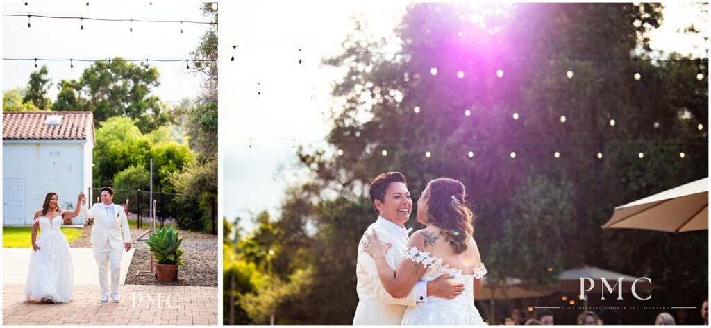 Two brides smile during their choreographed first dance on their summer wedding day at the terracotta Rancho Minerva Wedding Venue.