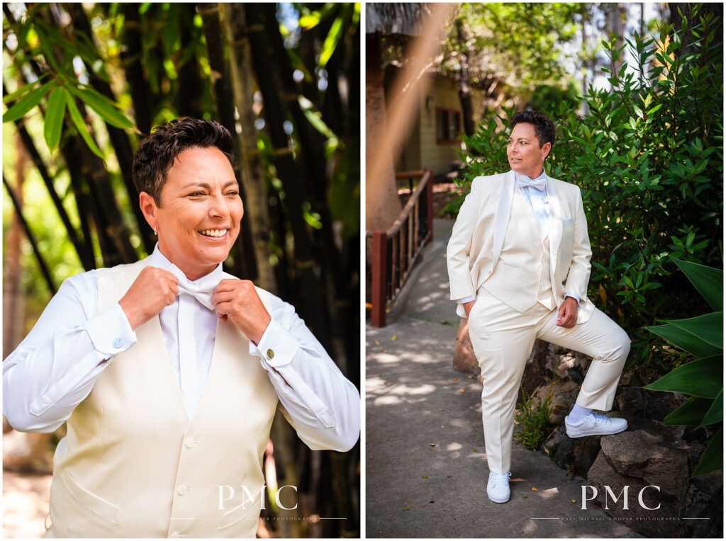 A bride wearing a bespoke suit gets ready on her summer wedding day in Vista.