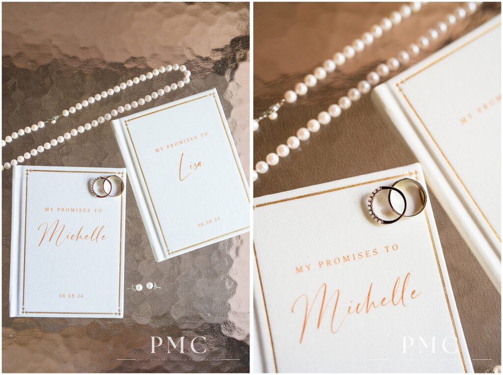 Custom vow books and jewelry for two brides on their summer wedding day in Vista.