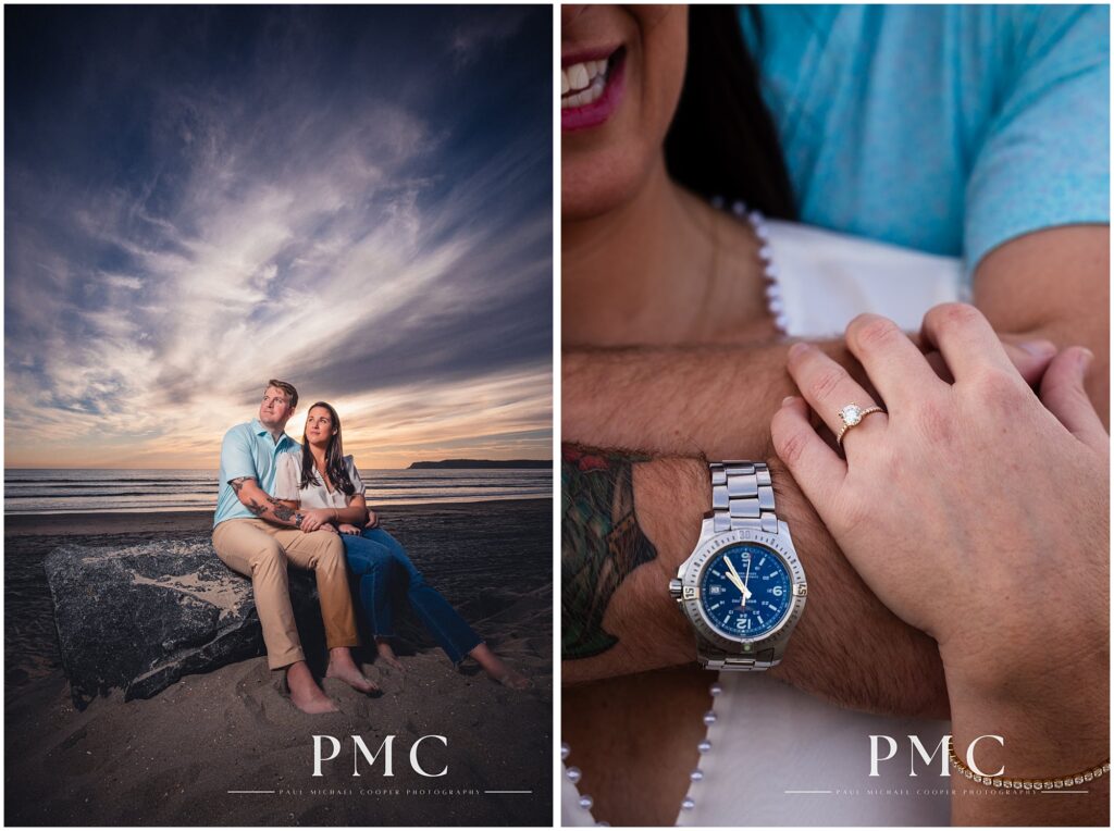 Artful engagement photos on Coronado Beach, San Diego.