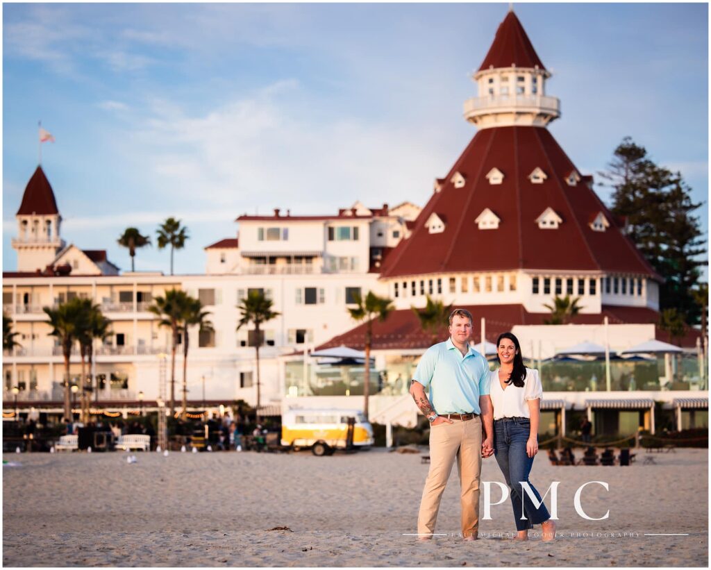 Engagement photo in front of the Hotel Del on Coronado Beach, San Diego.