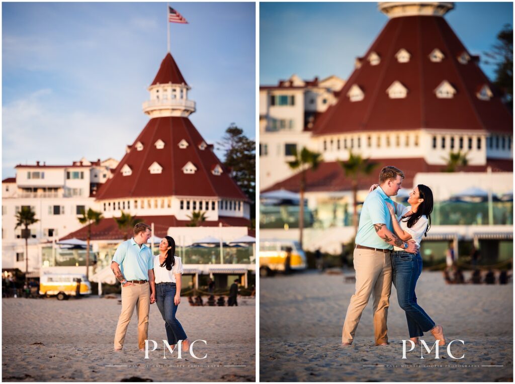 Engagement photos in front of the Hotel Del on Coronado Beach, San Diego.