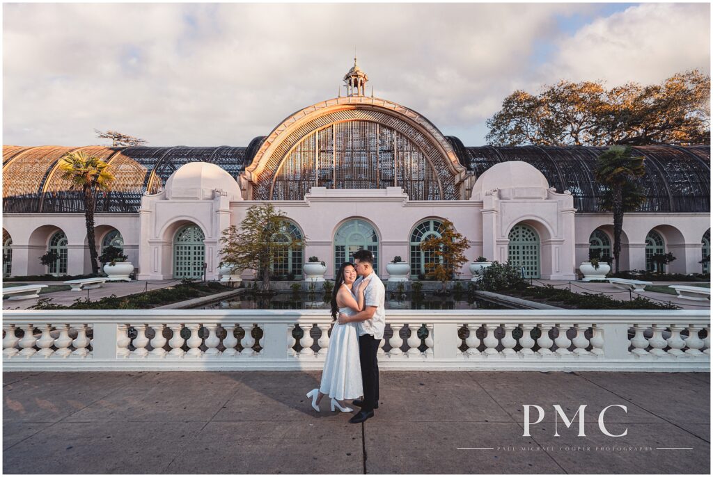 Autumn engagement photo at Balboa Park's Botanical Gardens.